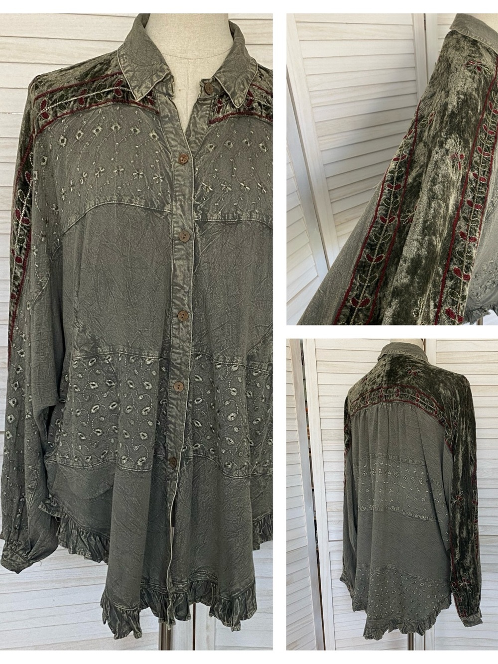 Young Threads Boho Velvet Embroidered Olive Green Button-Down Blouse SZ L NWT